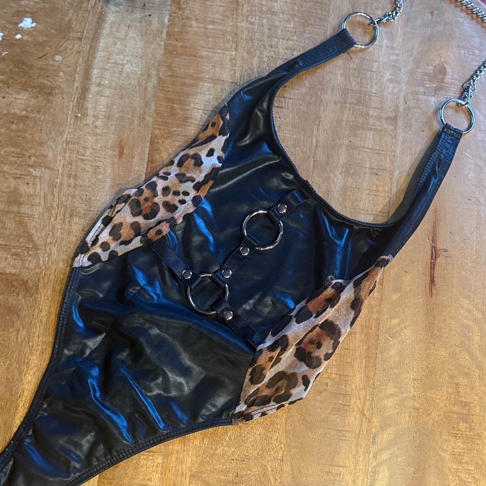 Chic Black shiny stretch & sheer Leopard  open back thong Bodysuit S